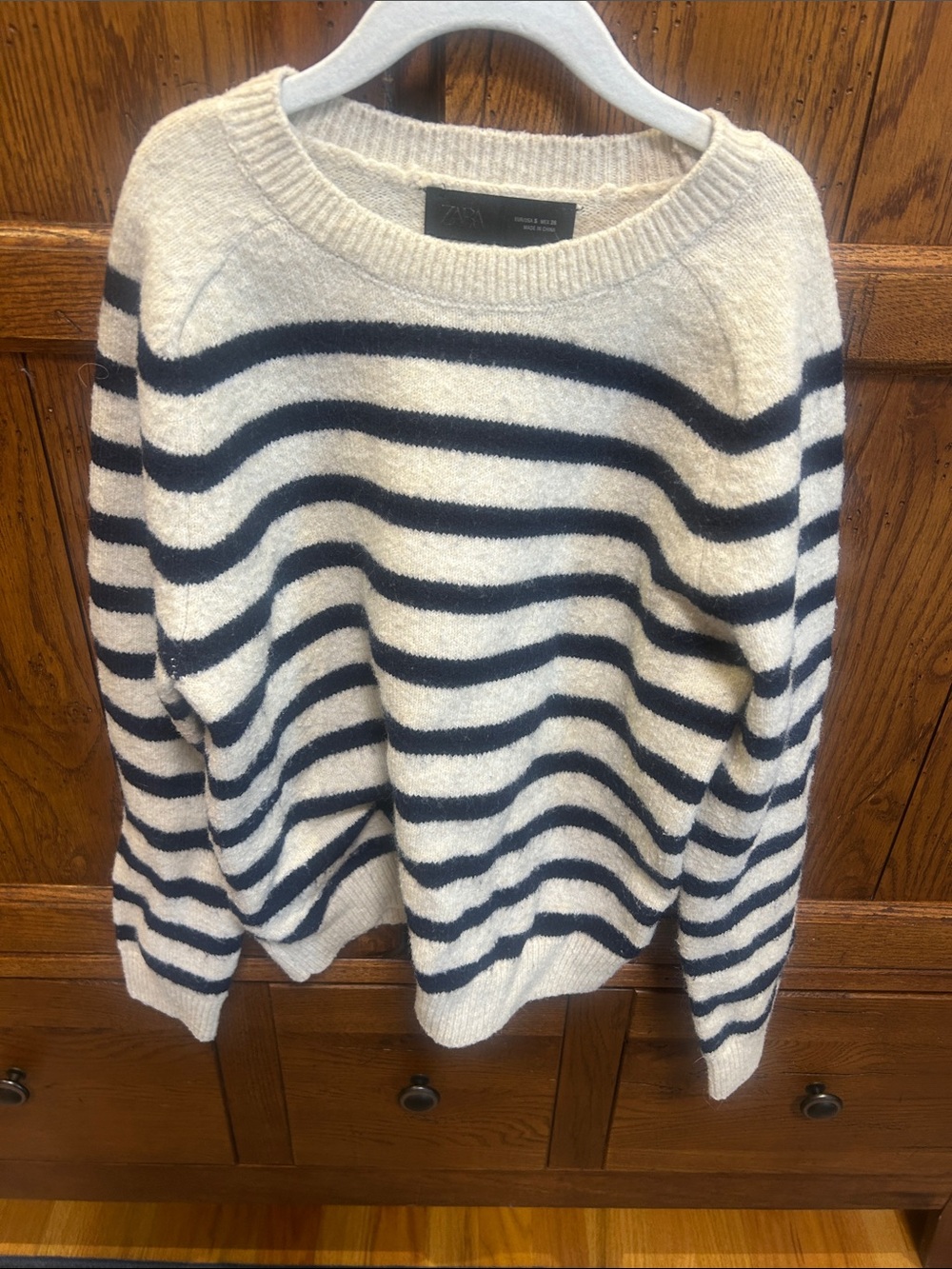 Zara Cream & Navy Striped Crewneck Sweater